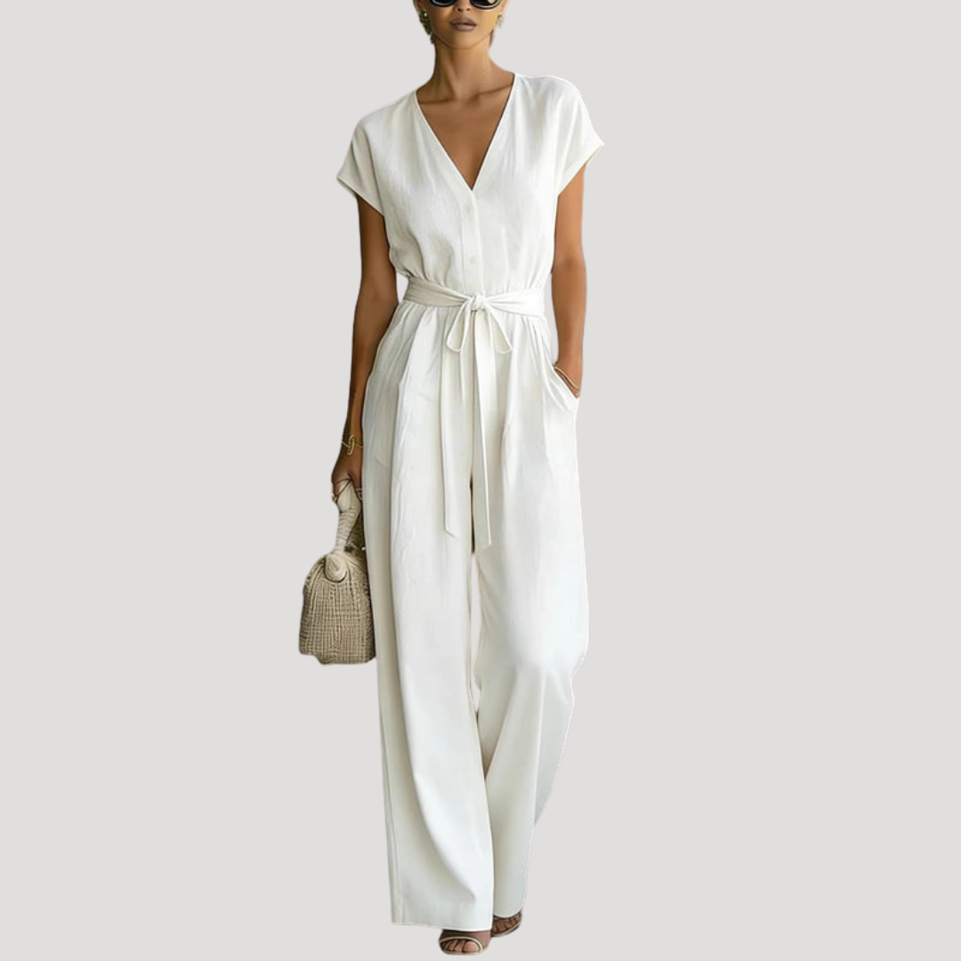 V Neck Cap Sleeve Tie Waist Wide Leg Linen Jumpsuit