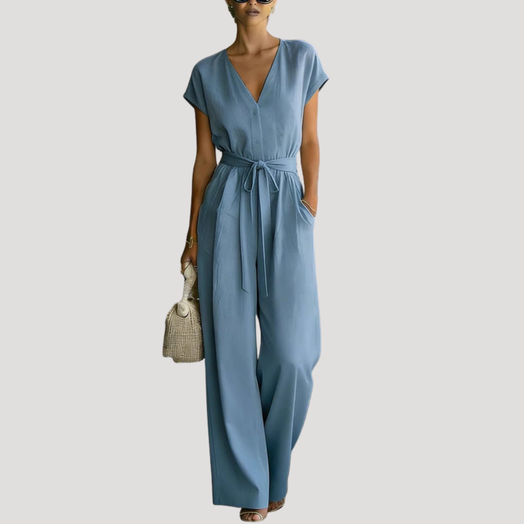 V Neck Cap Sleeve Tie Waist Wide Leg Linen Jumpsuit