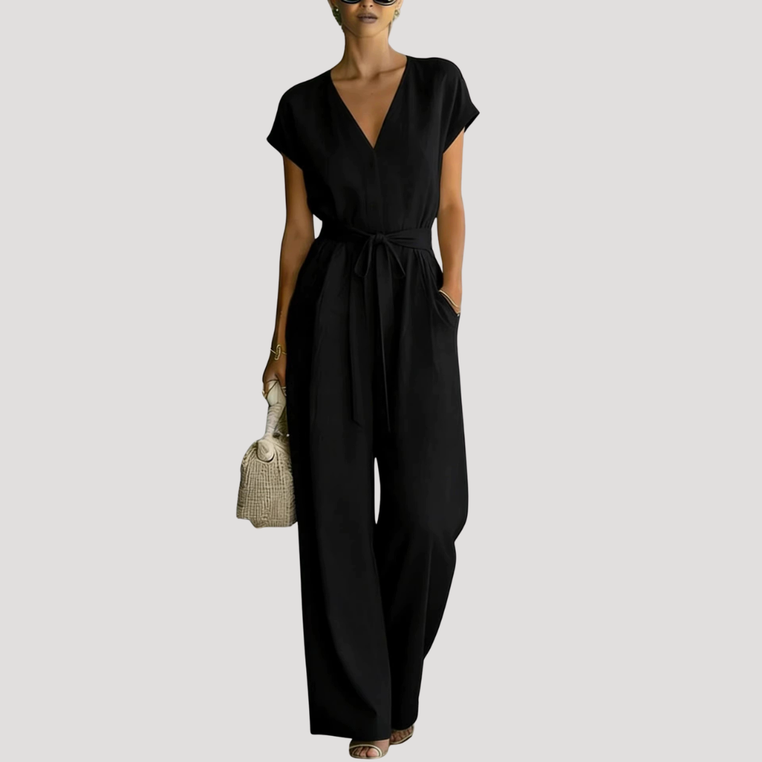 V Neck Cap Sleeve Tie Waist Wide Leg Linen Jumpsuit