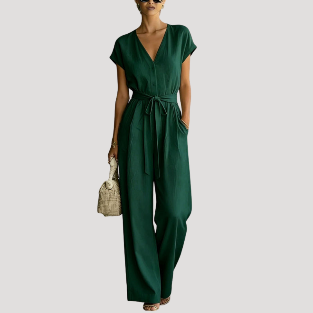 V Neck Cap Sleeve Tie Waist Wide Leg Linen Jumpsuit