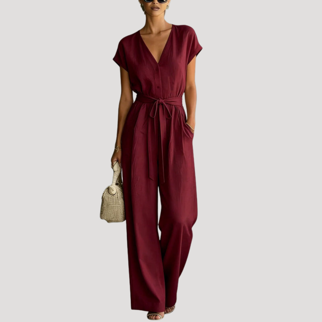 V Neck Cap Sleeve Tie Waist Wide Leg Linen Jumpsuit