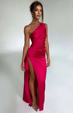 Draped One Shoulder Split Hem Satin Gown - Evening Formal