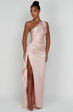 Draped One Shoulder Split Hem Satin Gown - Evening Formal