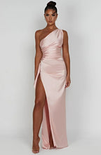 Draped One Shoulder Split Hem Satin Gown - Evening Formal
