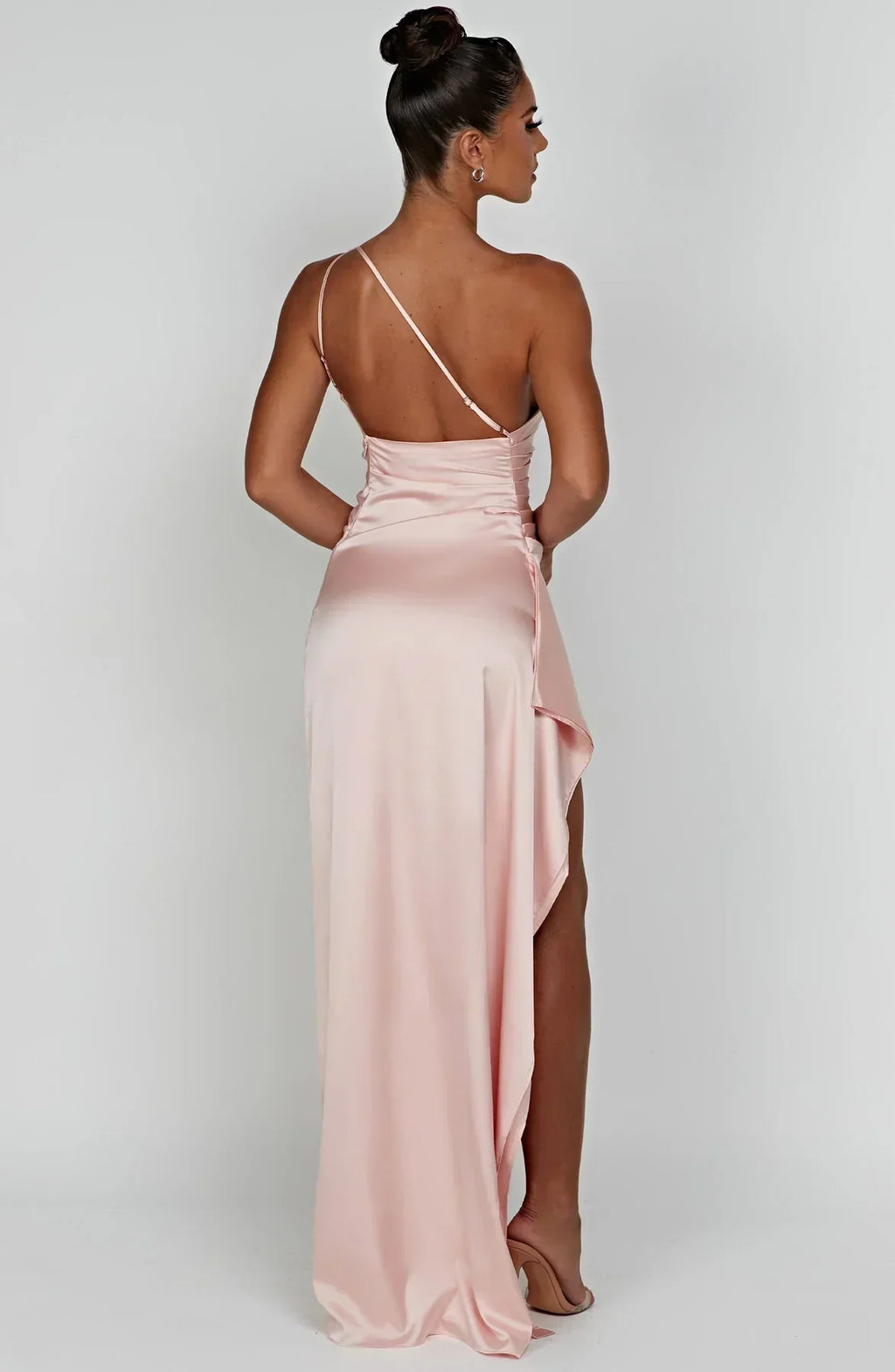 Draped One Shoulder Split Hem Satin Gown - Evening Formal