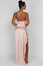 Draped One Shoulder Split Hem Satin Gown - Evening Formal