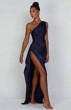 Draped One Shoulder Split Hem Satin Gown - Evening Formal