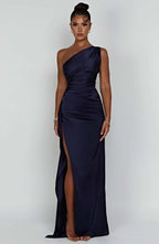 Draped One Shoulder Split Hem Satin Gown - Evening Formal