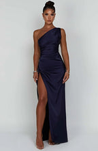 Draped One Shoulder Split Hem Satin Gown - Evening Formal
