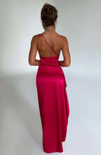Draped One Shoulder Split Hem Satin Gown - Evening Formal