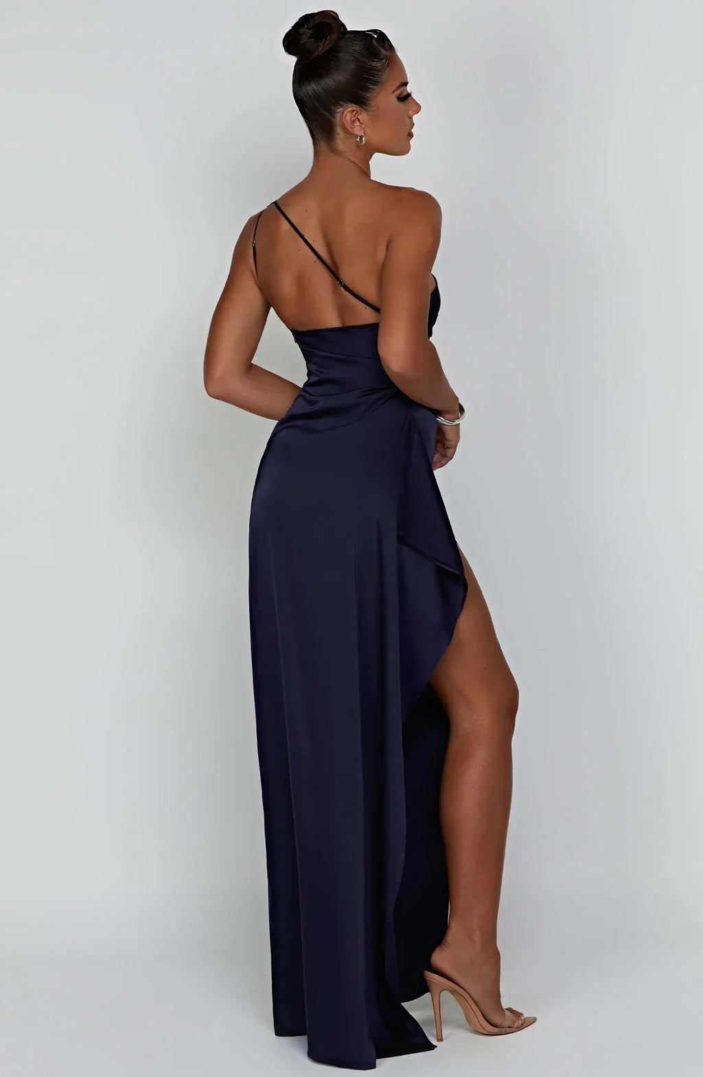 Draped One Shoulder Split Hem Satin Gown - Evening Formal
