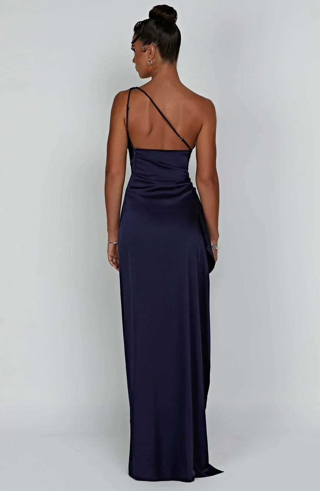 Draped One Shoulder Split Hem Satin Gown - Evening Formal
