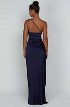 Draped One Shoulder Split Hem Satin Gown - Evening Formal