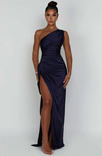 Draped One Shoulder Split Hem Satin Gown - Evening Formal