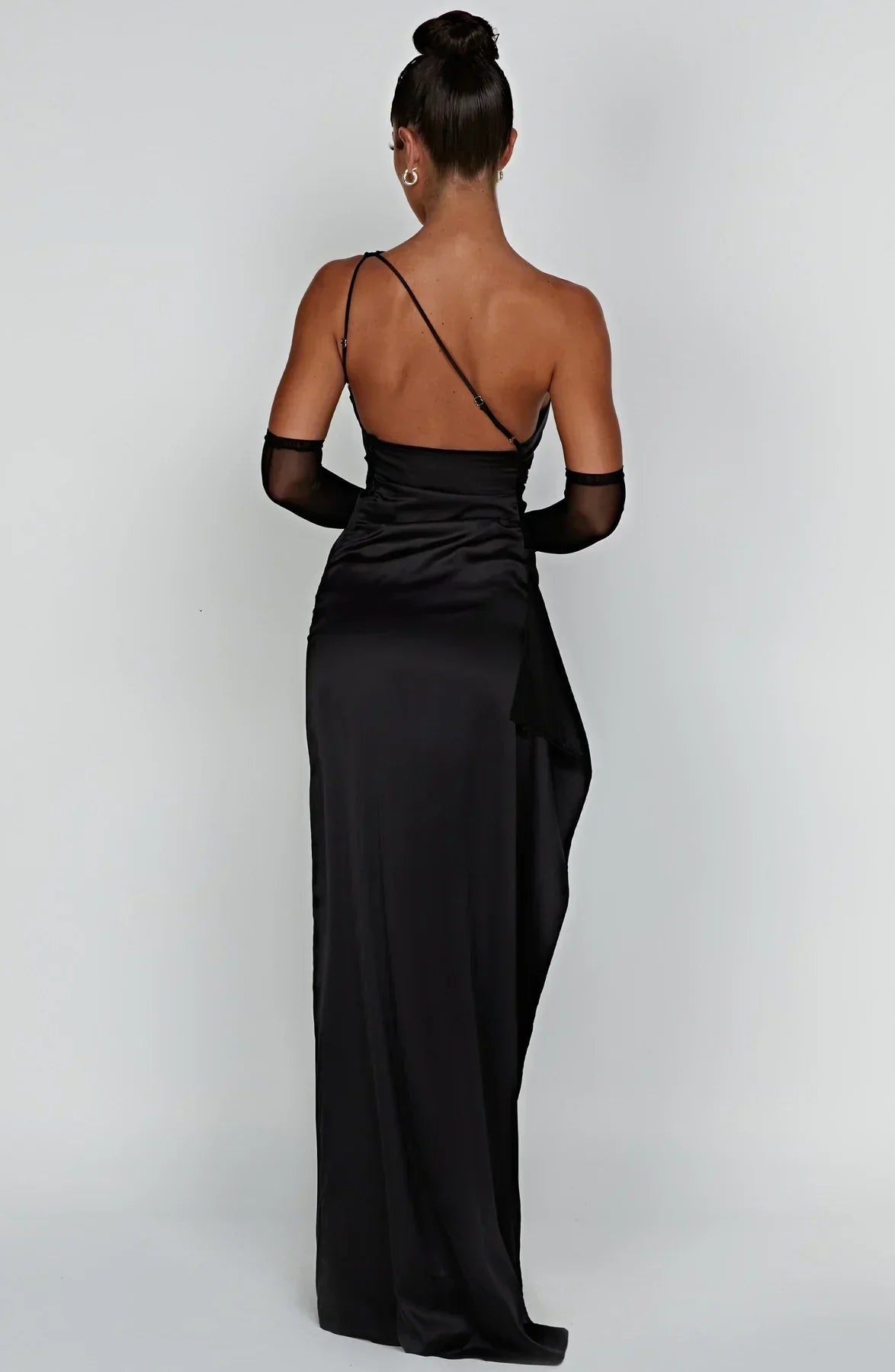 Draped One Shoulder Split Hem Satin Gown - Evening Formal