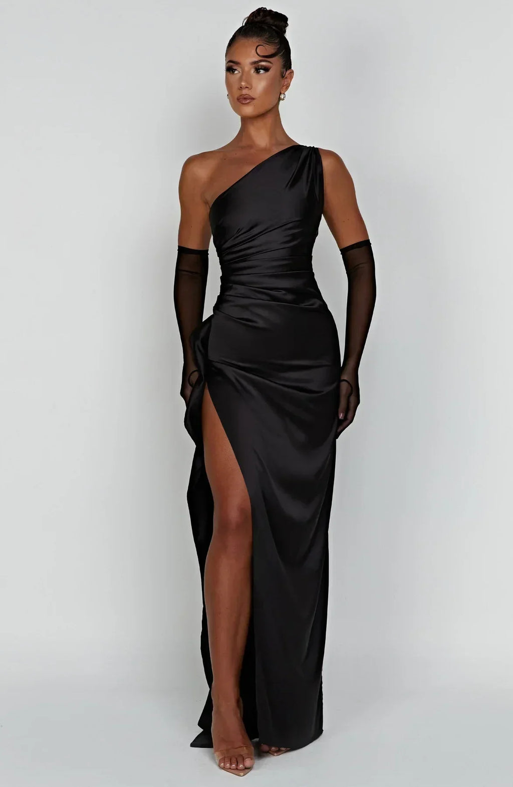 Draped One Shoulder Split Hem Satin Gown - Evening Formal