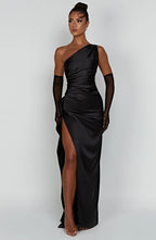 Draped One Shoulder Split Hem Satin Gown - Evening Formal