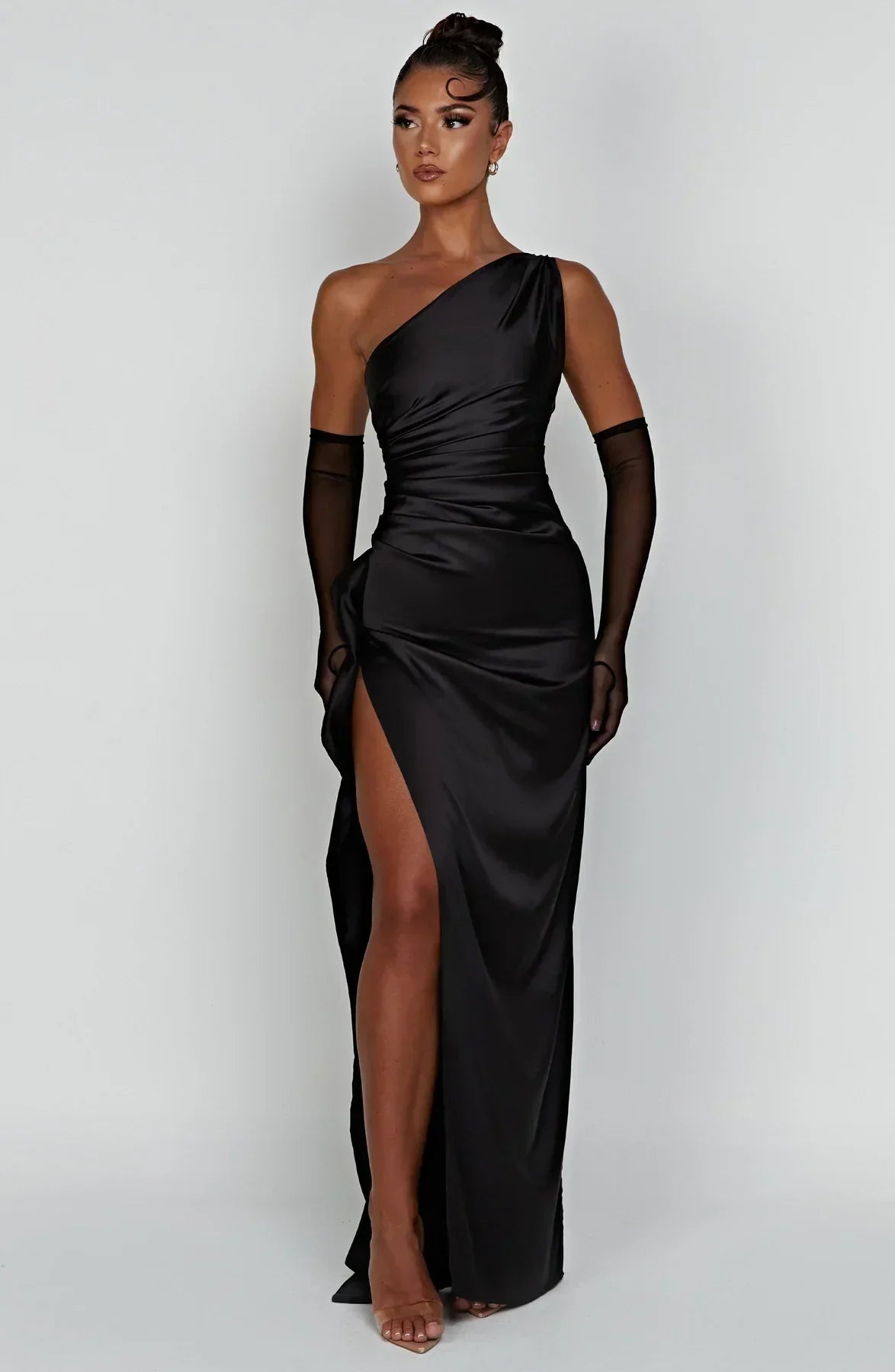 Draped One Shoulder Split Hem Satin Gown - Evening Formal