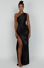 Draped One Shoulder Split Hem Satin Gown - Evening Formal