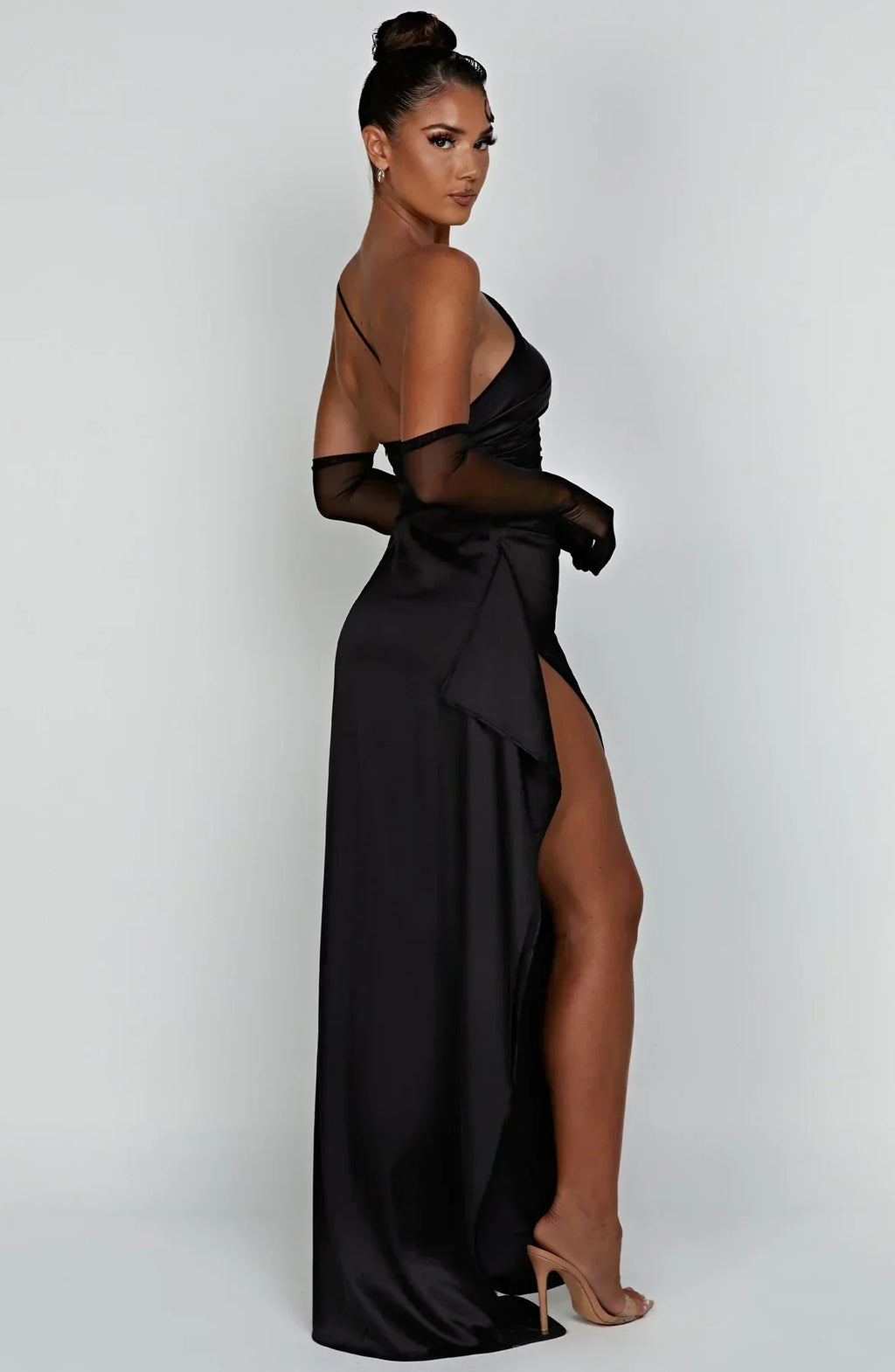 Draped One Shoulder Split Hem Satin Gown - Evening Formal