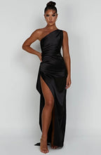 Draped One Shoulder Split Hem Satin Gown - Evening Formal