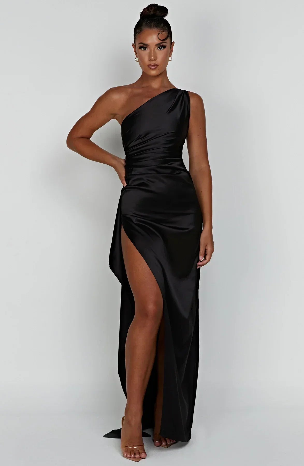 Draped One Shoulder Split Hem Satin Gown - Evening Formal
