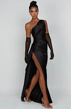 Draped One Shoulder Split Hem Satin Gown - Evening Formal