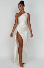 Draped One Shoulder Split Hem Satin Gown - Evening Formal