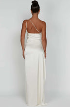 Draped One Shoulder Split Hem Satin Gown - Evening Formal