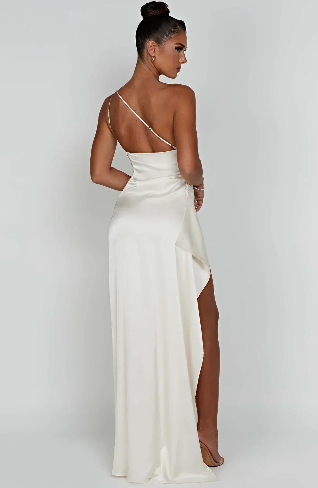 Draped One Shoulder Split Hem Satin Gown - Evening Formal