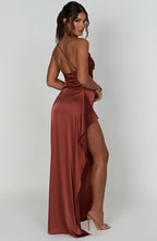 Draped One Shoulder Split Hem Satin Gown - Evening Formal
