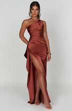 Draped One Shoulder Split Hem Satin Gown - Evening Formal