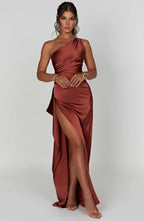 Draped One Shoulder Split Hem Satin Gown - Evening Formal