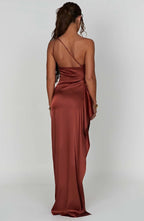 Draped One Shoulder Split Hem Satin Gown - Evening Formal