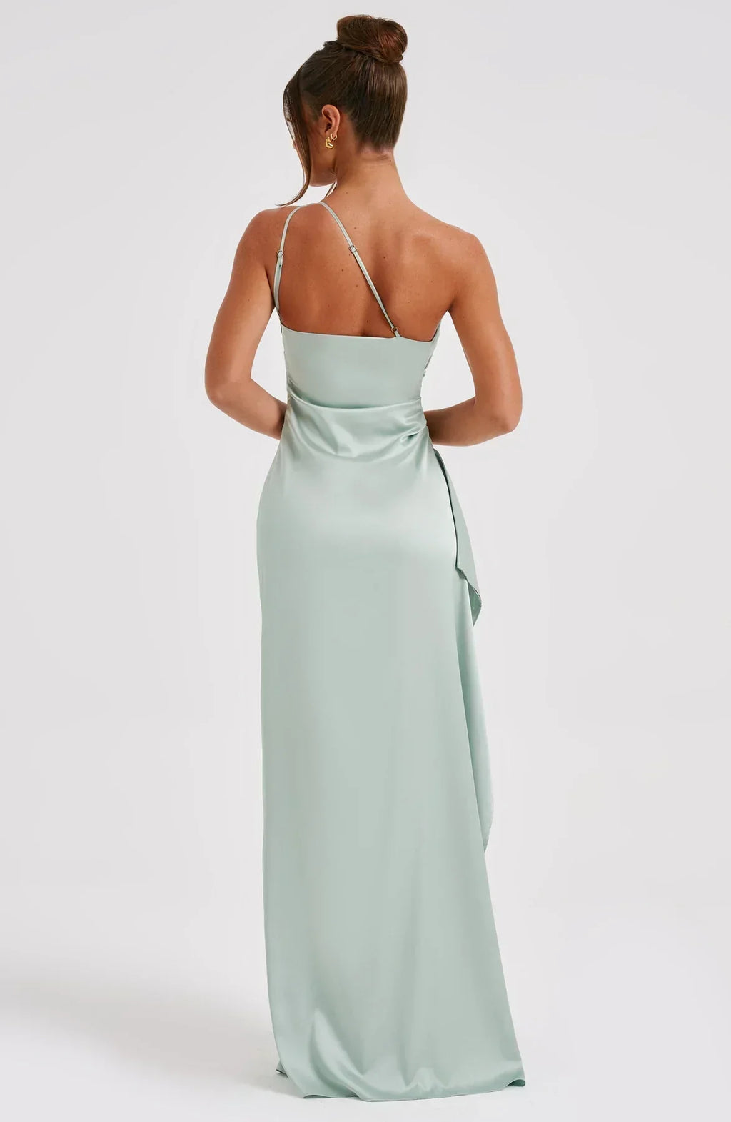 Draped One Shoulder Split Hem Satin Gown - Evening Formal