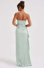 Draped One Shoulder Split Hem Satin Gown - Evening Formal