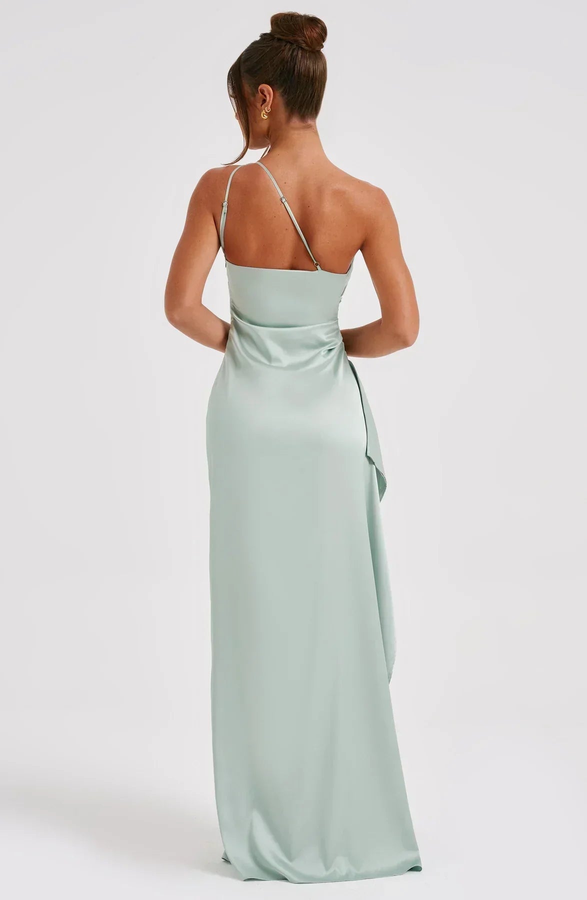 Draped One Shoulder Split Hem Satin Gown - Evening Formal