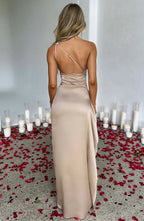 Draped One Shoulder Split Hem Satin Gown - Evening Formal