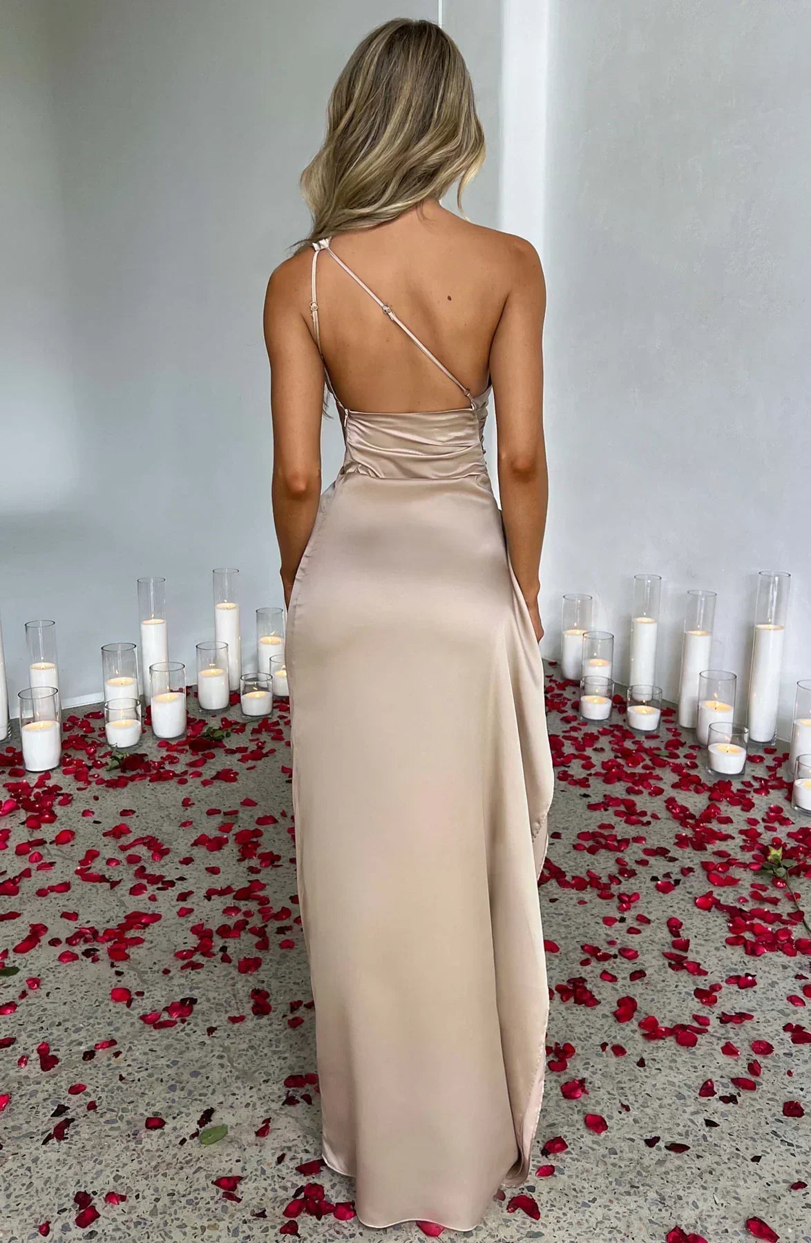 Draped One Shoulder Split Hem Satin Gown - Evening Formal