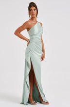 Draped One Shoulder Split Hem Satin Gown - Evening Formal