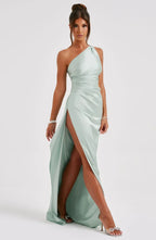 Draped One Shoulder Split Hem Satin Gown - Evening Formal