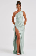 Draped One Shoulder Split Hem Satin Gown - Evening Formal