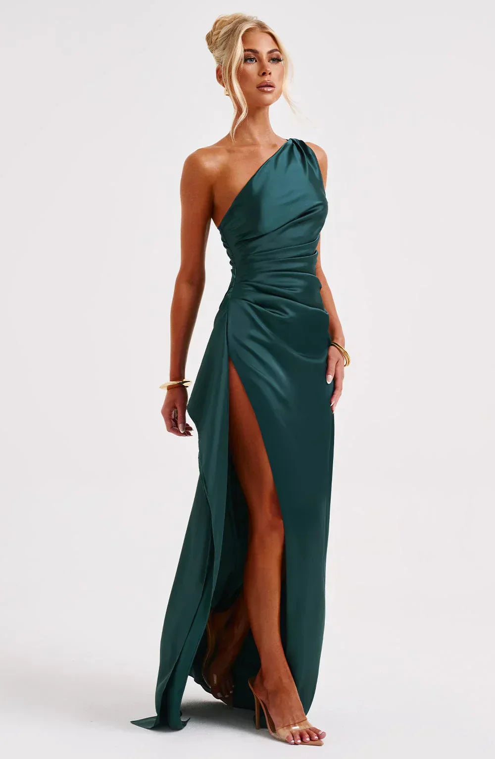 Draped One Shoulder Split Hem Satin Gown - Evening Formal