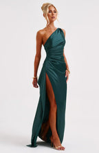 Draped One Shoulder Split Hem Satin Gown - Evening Formal