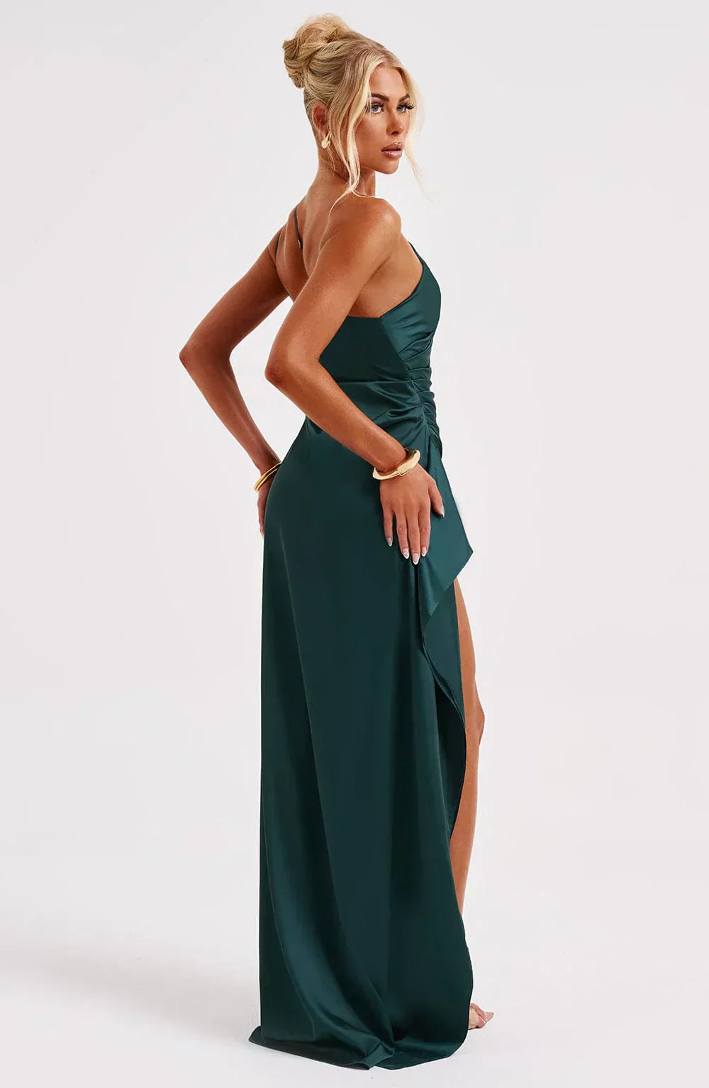 Draped One Shoulder Split Hem Satin Gown - Evening Formal