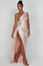 Draped One Shoulder Split Hem Satin Gown - Evening Formal