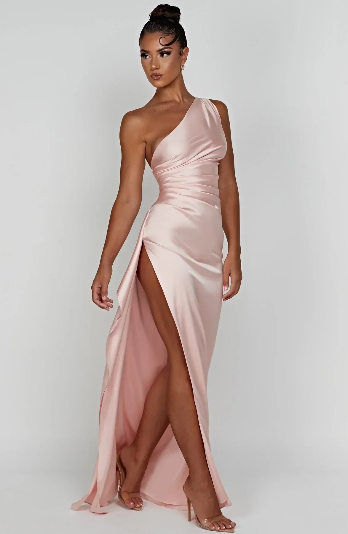 Draped One Shoulder Split Hem Satin Gown - Evening Formal