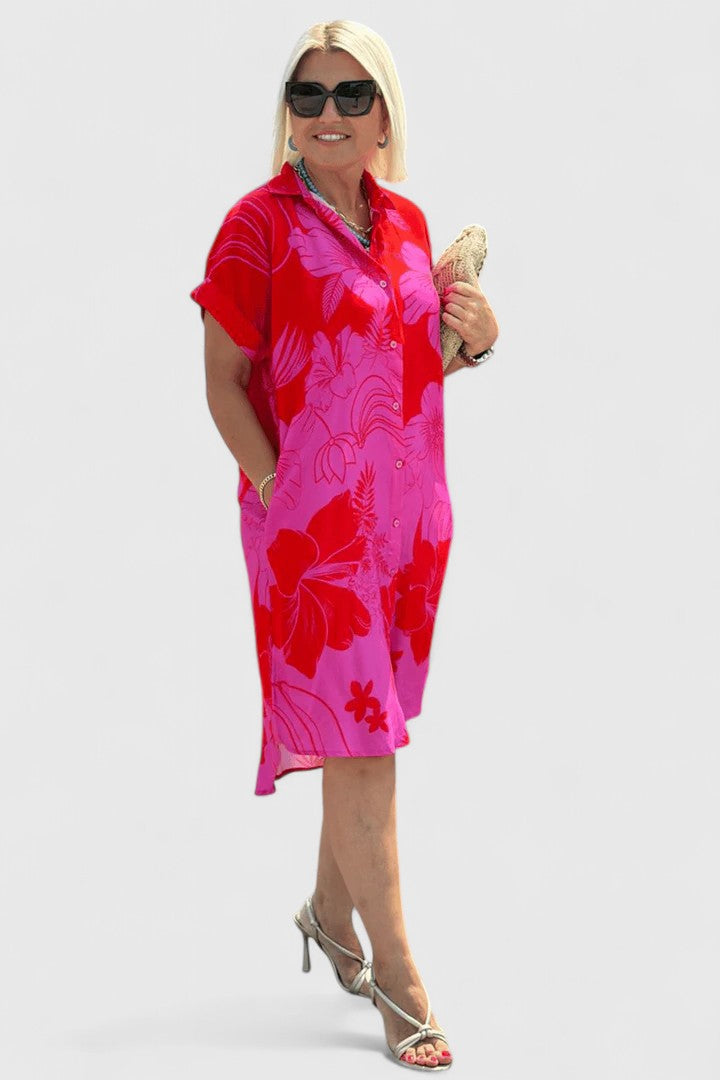 Floral Oversized Collar Neck Cap Sleeve Button Down Shirt Midi Dress