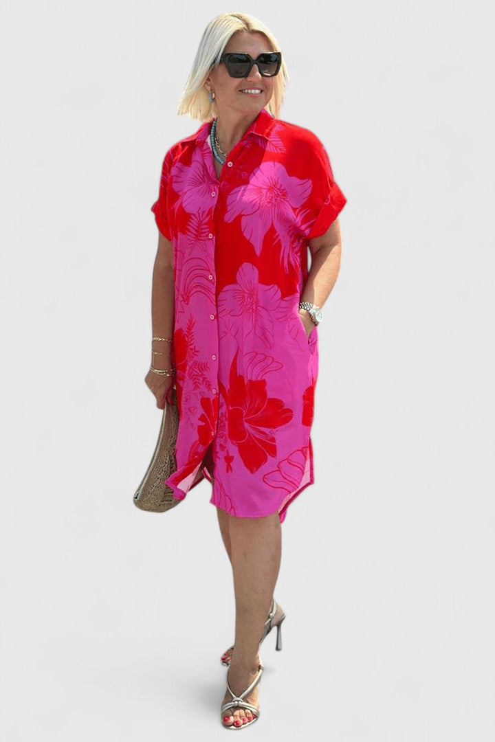 Floral Oversized Collar Neck Cap Sleeve Button Down Shirt Midi Dress