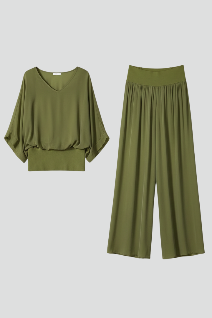 Chiffon Overlay Batwing Top and Wide Leg Pant Set